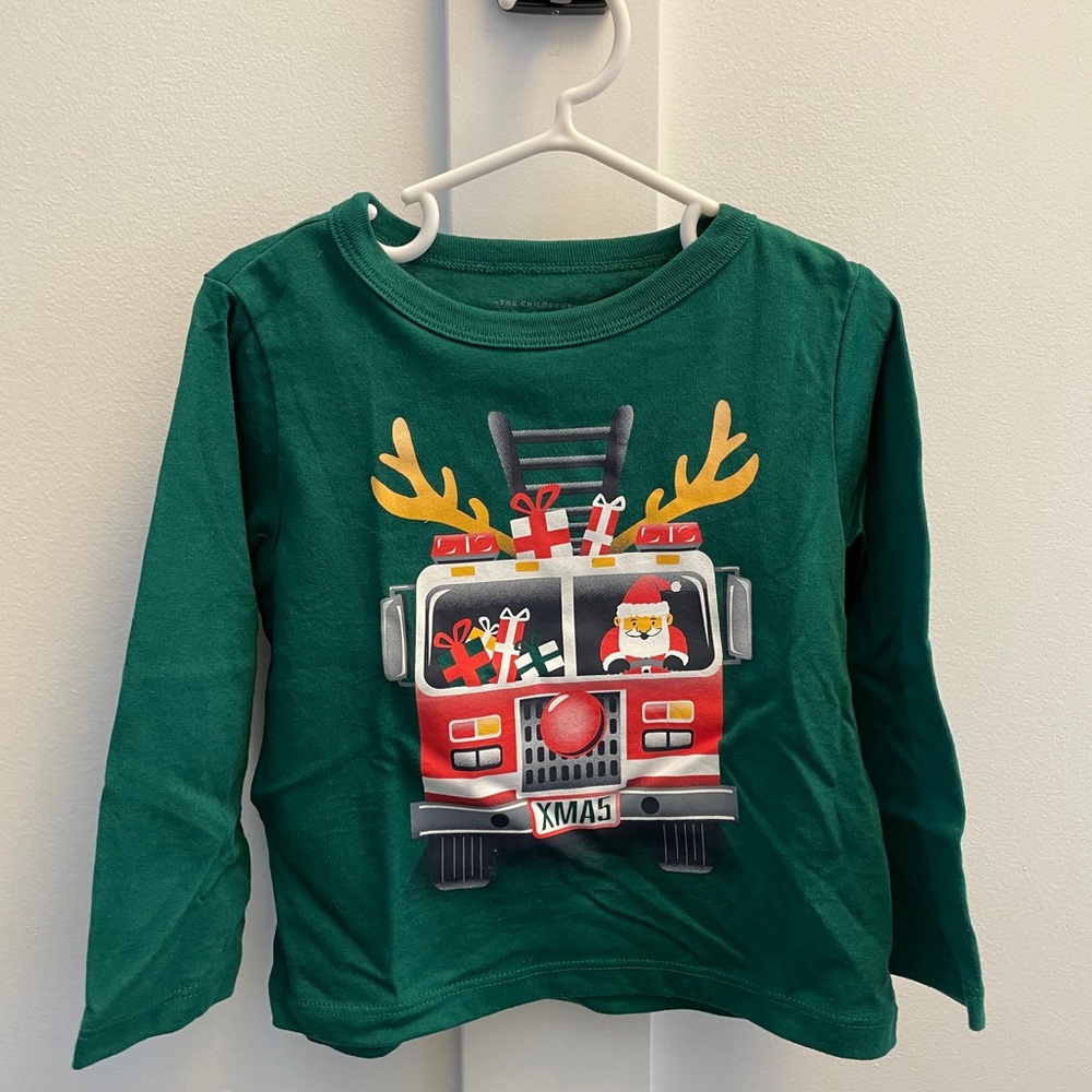 Green Santa firetruck Long Sleeve Christmas Tee